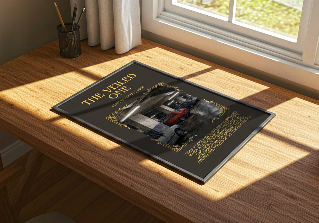 The Veiled One Minimalist Book Poster by Ruth Rendell – print on a sunlit desk