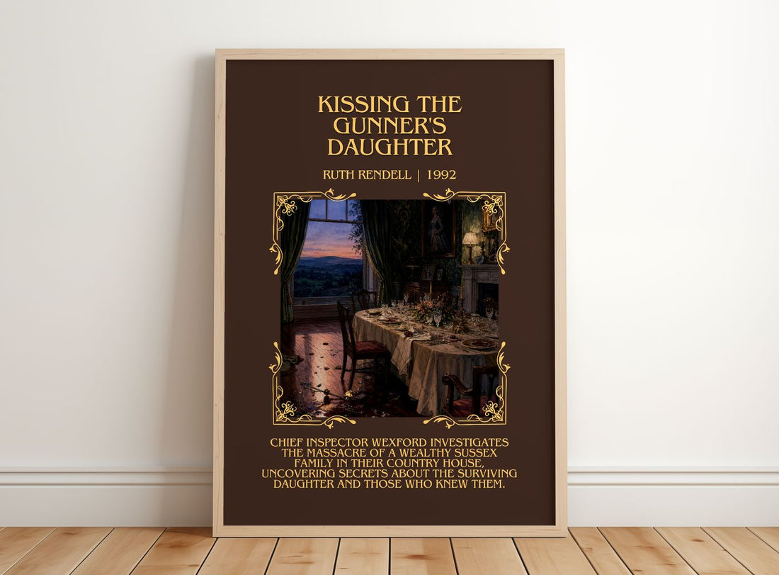 Kissing the Gunner's Daughter Minimalist Book Poster by Ruth Rendell – framed print leaning on a wooden floor