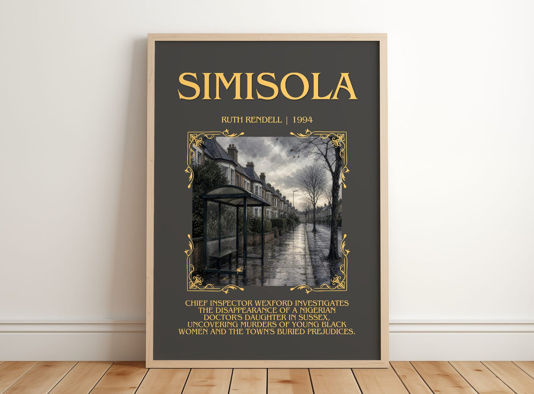 Simisola Minimalist Book Poster by Ruth Rendell – framed print leaning on a wooden floor