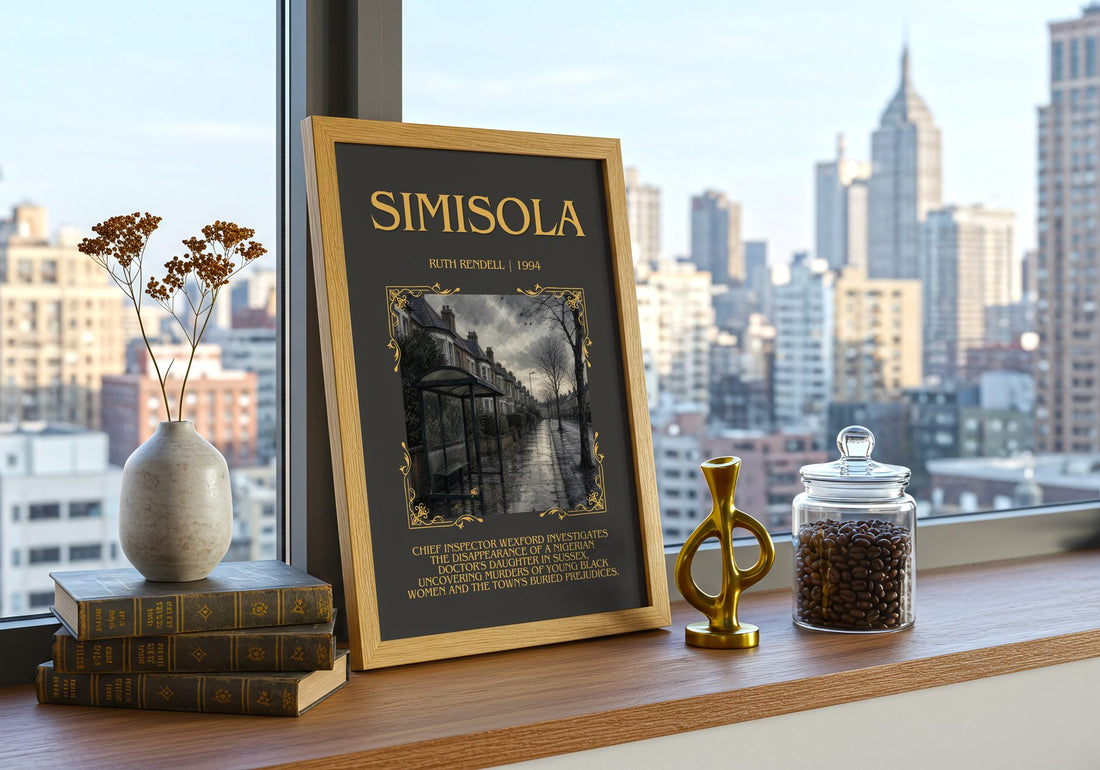 Simisola Minimalist Book Poster by Ruth Rendell – framed print on a city-view windowsill