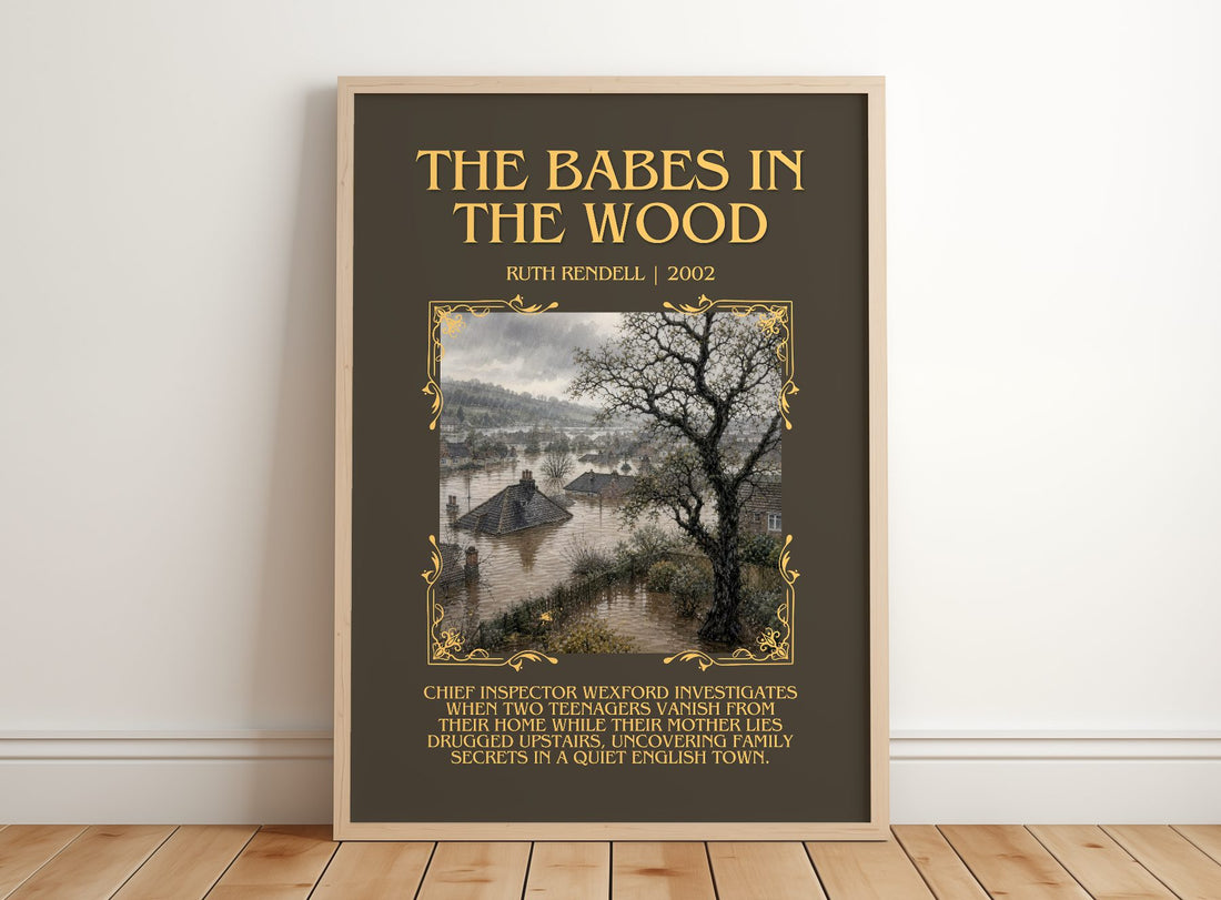 The Babes in the Wood Minimalist Book Poster by Ruth Rendell – framed print leaning on a wooden floor