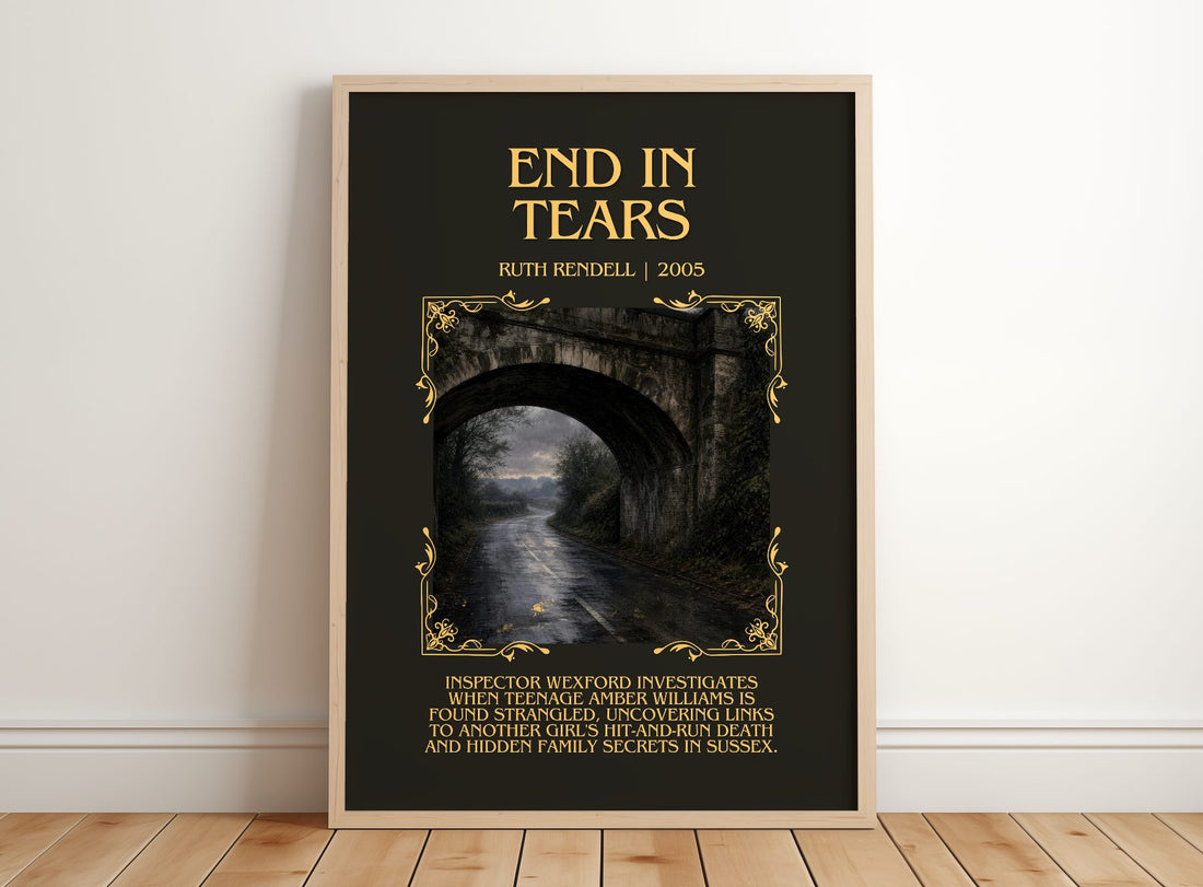End in Tears Minimalist Book Poster by Ruth Rendell – framed print leaning on a wooden floor