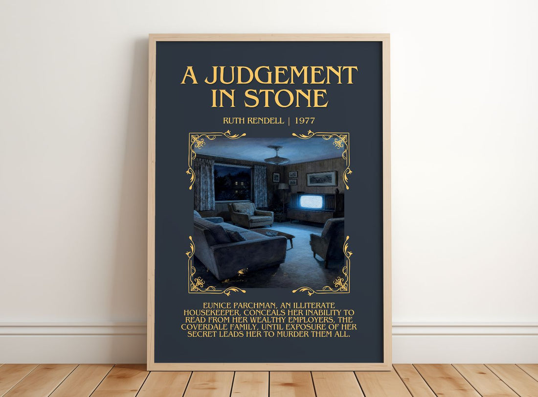 A Judgement in Stone Minimalist Book Poster by Ruth Rendell – framed print leaning on a wooden floor