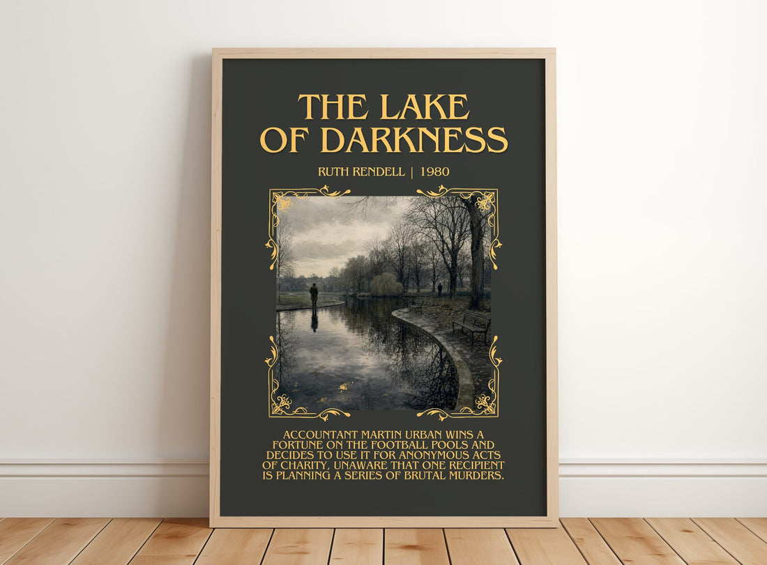 The Lake of Darkness Minimalist Book Poster by Ruth Rendell – framed print leaning on a wooden floor