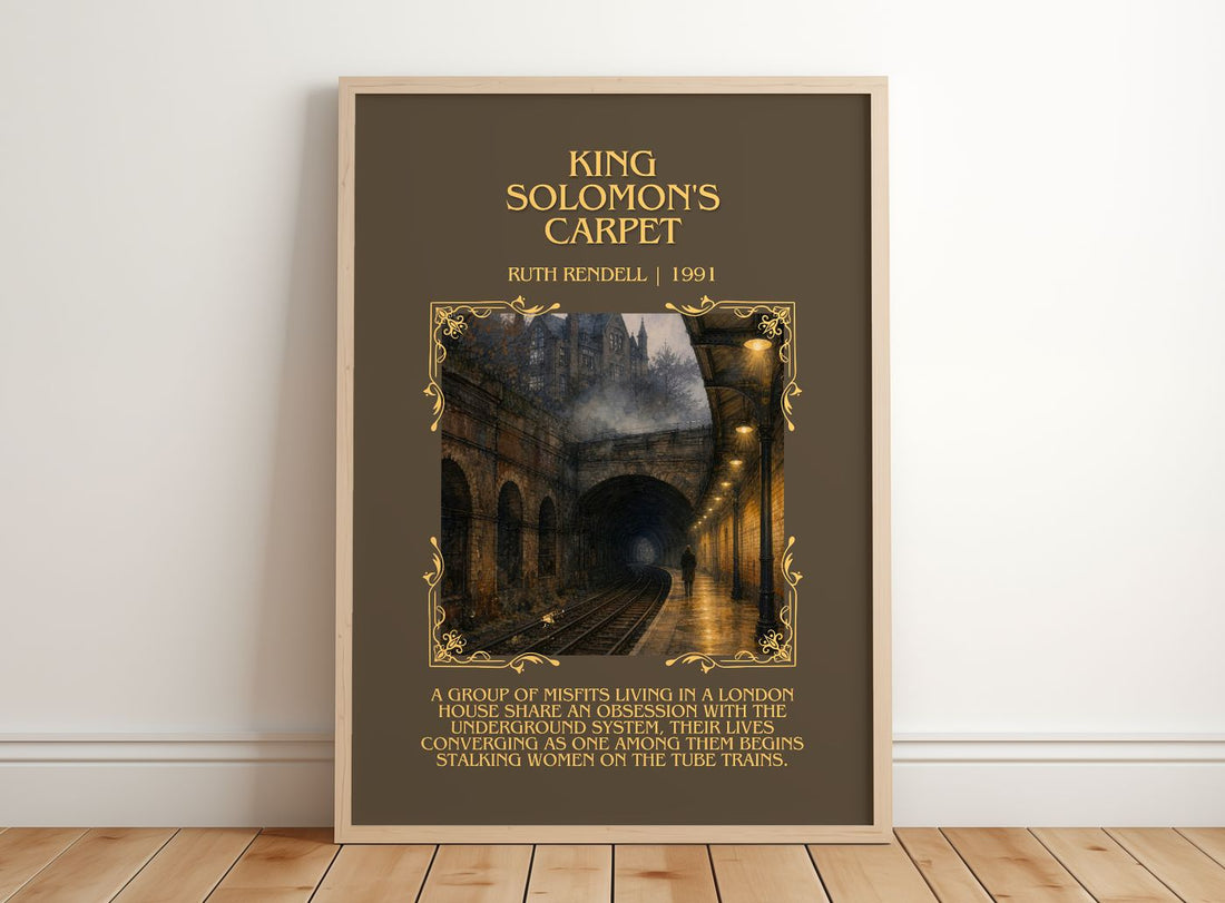 King Solomon's Carpet Minimalist Book Poster by Ruth Rendell – framed print leaning on a wooden floor