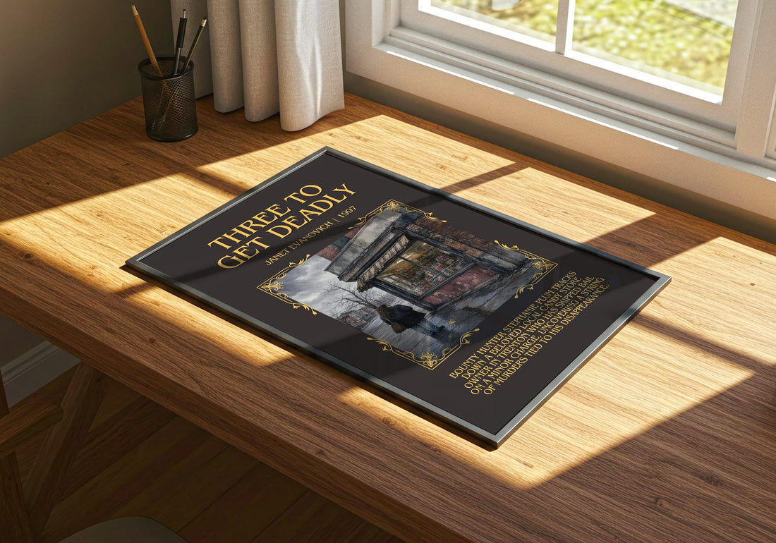 Three to Get Deadly Minimalist Book Poster by Janet Evanovich – print on a sunlit desk