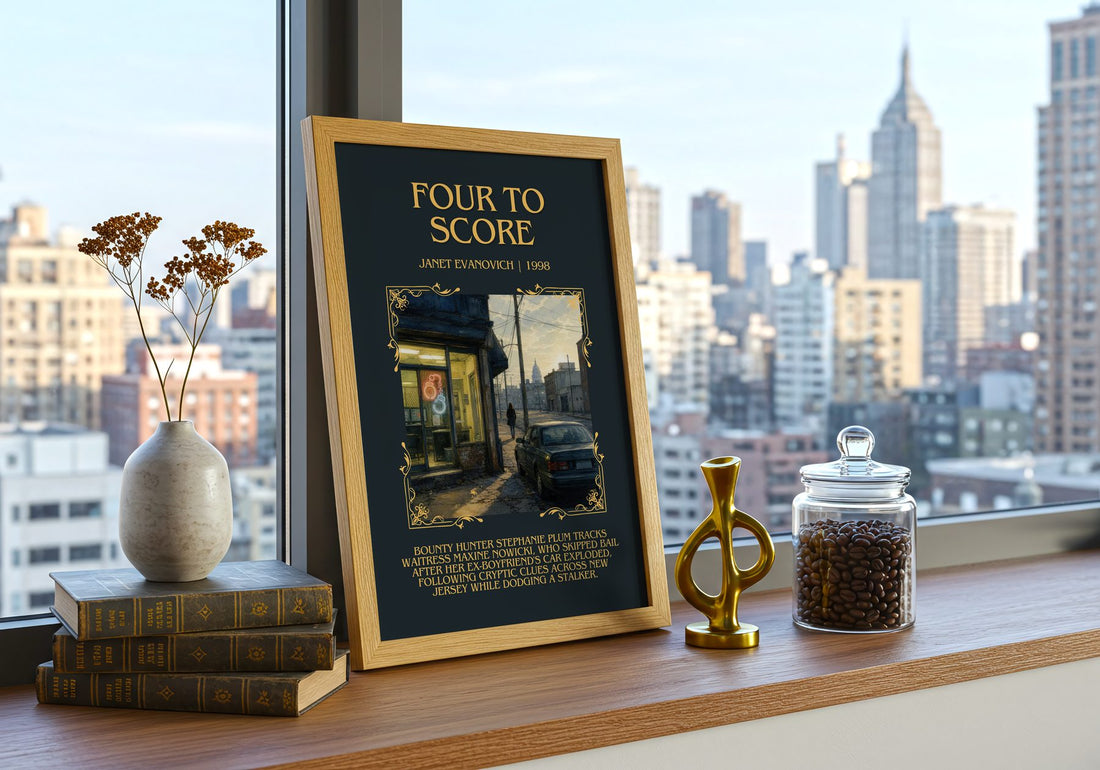 Four to Score Minimalist Book Poster by Janet Evanovich – framed print on a city-view windowsill