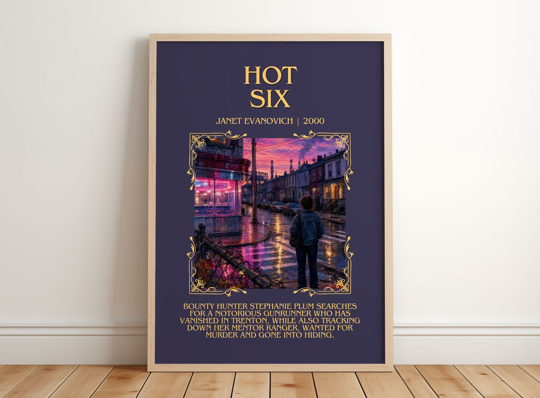 Hot Six Minimalist Book Poster by Janet Evanovich – framed print leaning on a wooden floor
