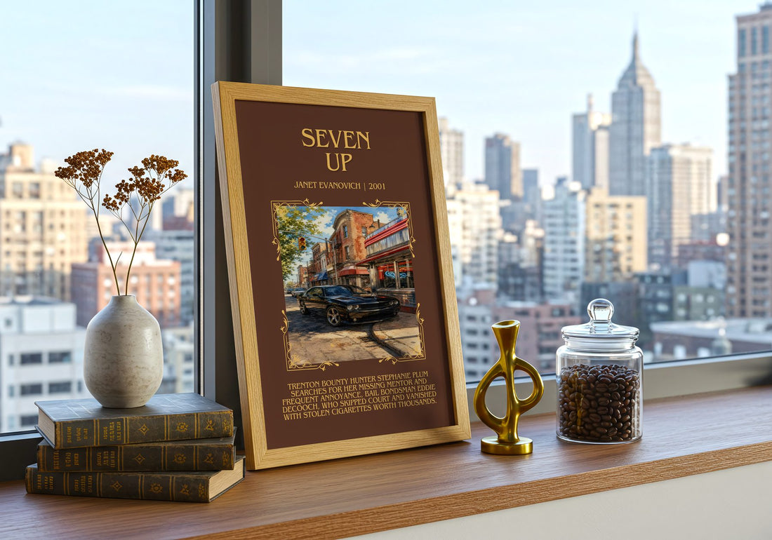 Seven Up Minimalist Book Poster by Janet Evanovich – framed print on a city-view windowsill