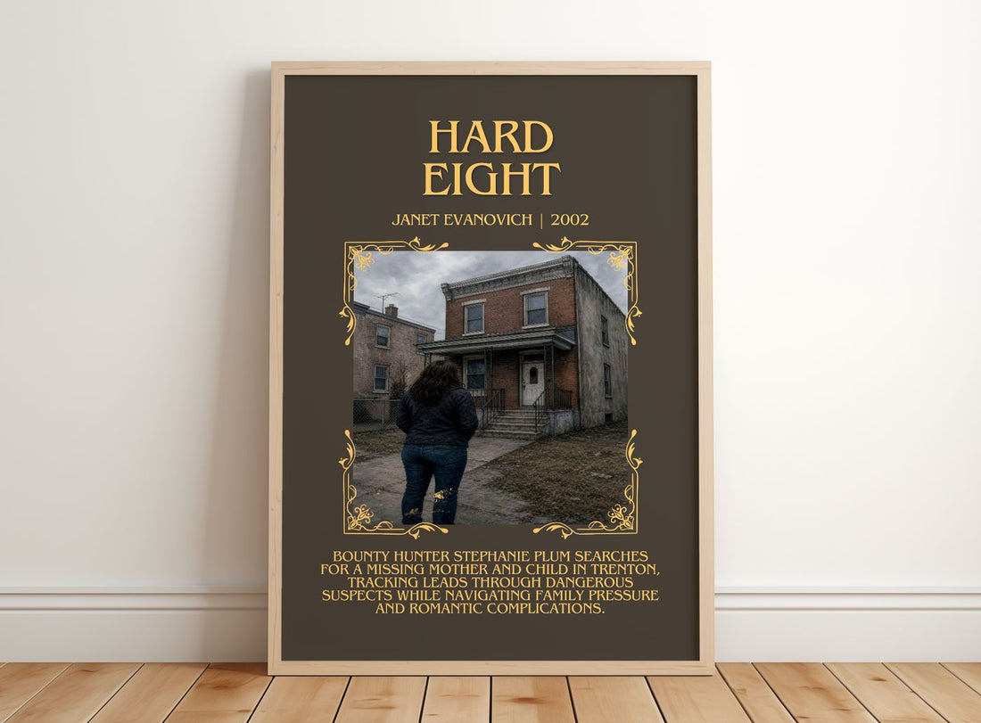Hard Eight Minimalist Book Poster by Janet Evanovich – framed print leaning on a wooden floor