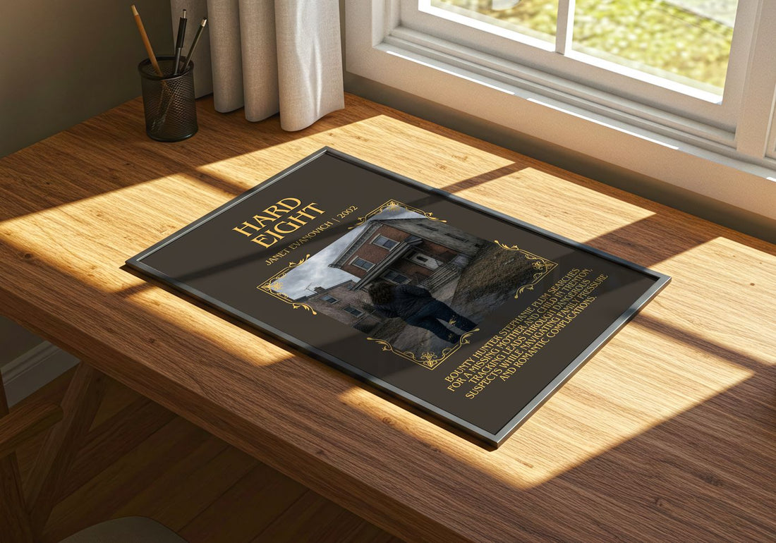 Hard Eight Minimalist Book Poster by Janet Evanovich – print on a sunlit desk
