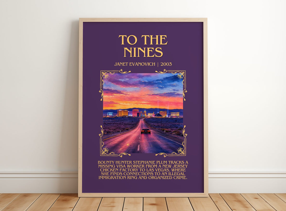 To the Nines Minimalist Book Poster by Janet Evanovich – framed print leaning on a wooden floor