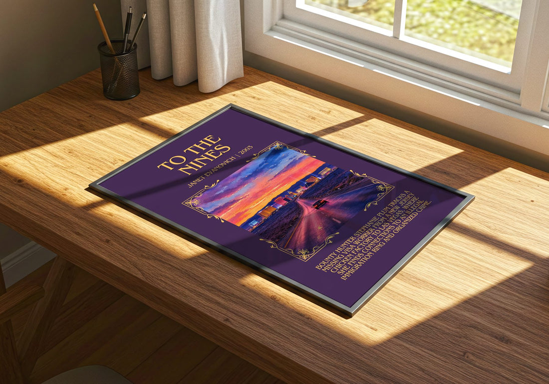 To the Nines Minimalist Book Poster by Janet Evanovich – print on a sunlit desk