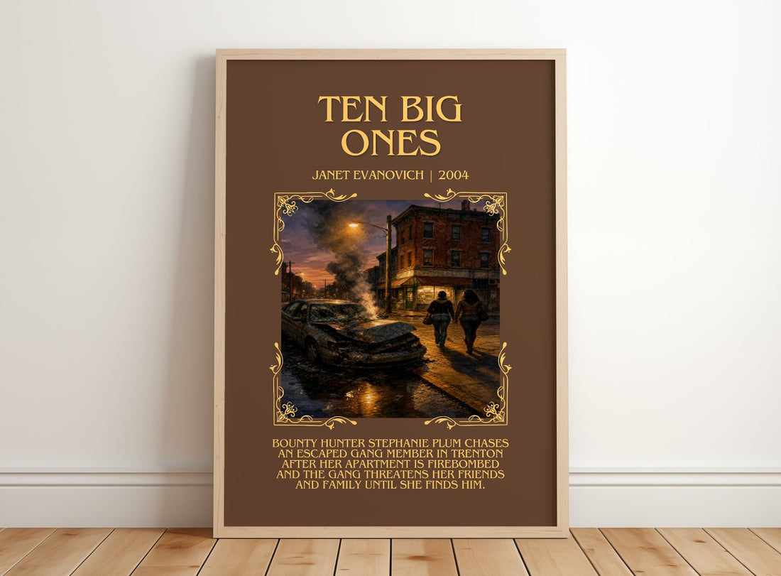 Ten Big Ones Minimalist Book Poster by Janet Evanovich – framed print leaning on a wooden floor