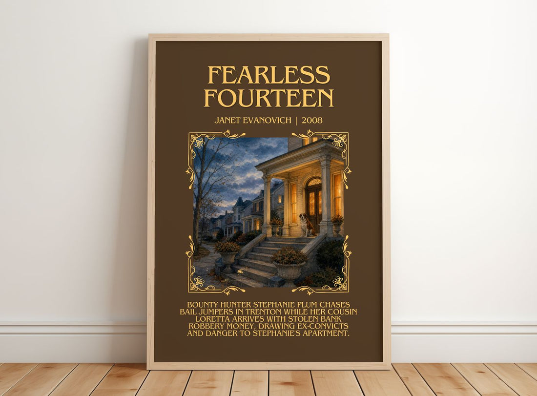 Fearless Fourteen Minimalist Book Poster by Janet Evanovich – framed print leaning on a wooden floor