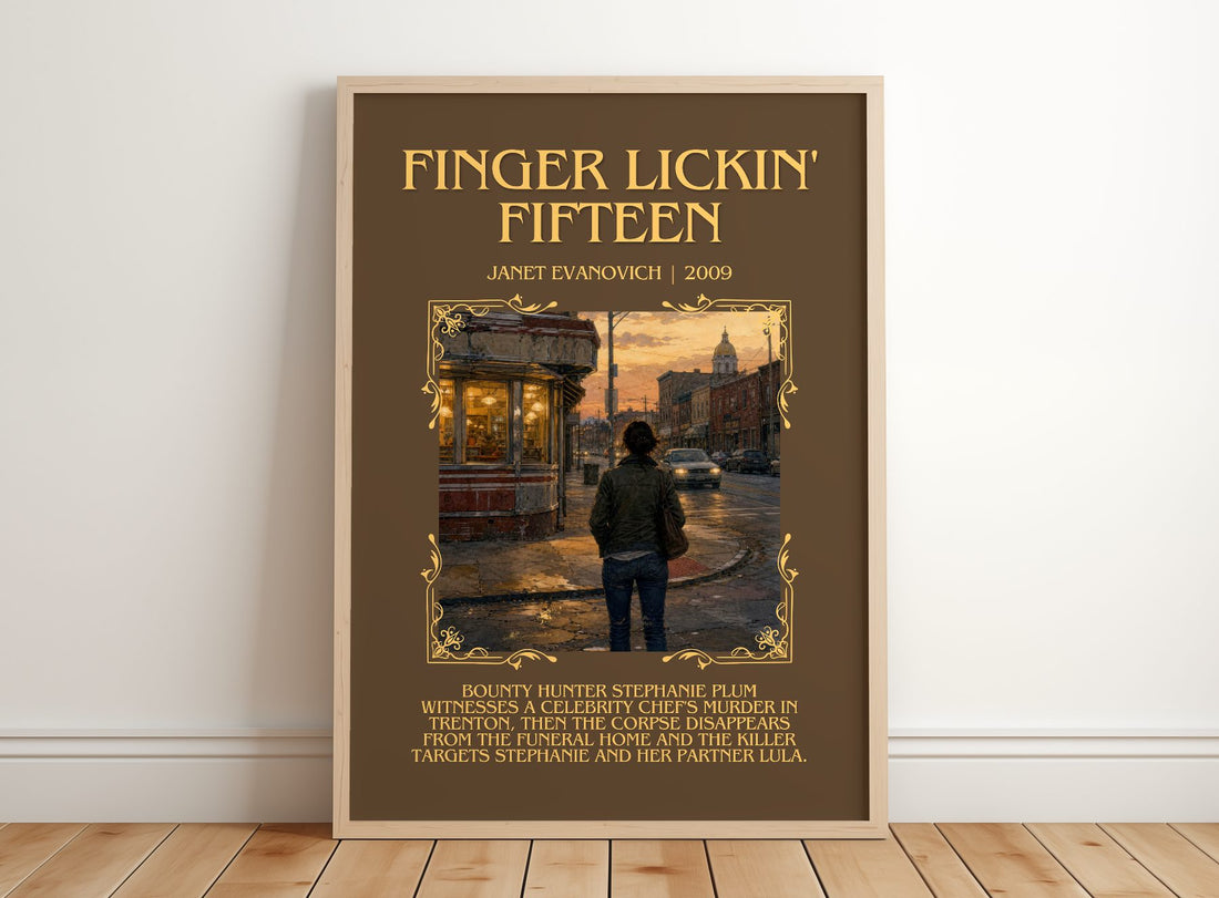 Finger Lickin' Fifteen Minimalist Book Poster by Janet Evanovich – framed print leaning on a wooden floor