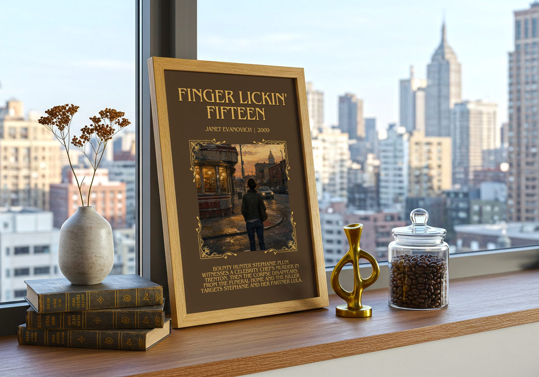 Finger Lickin' Fifteen Minimalist Book Poster by Janet Evanovich – framed print on a city-view windowsill