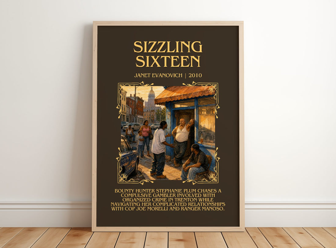 Sizzling Sixteen Minimalist Book Poster by Janet Evanovich – framed print leaning on a wooden floor