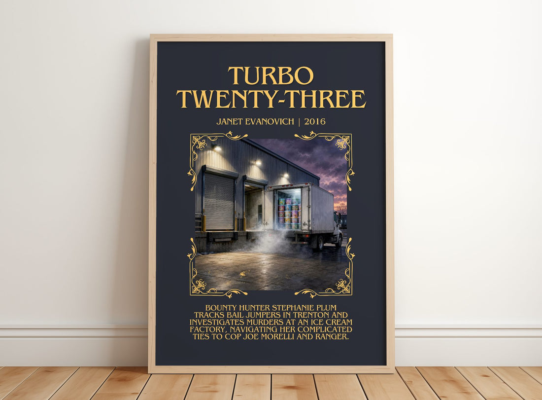 Turbo Twenty-Three Minimalist Book Poster by Janet Evanovich – framed print leaning on a wooden floor