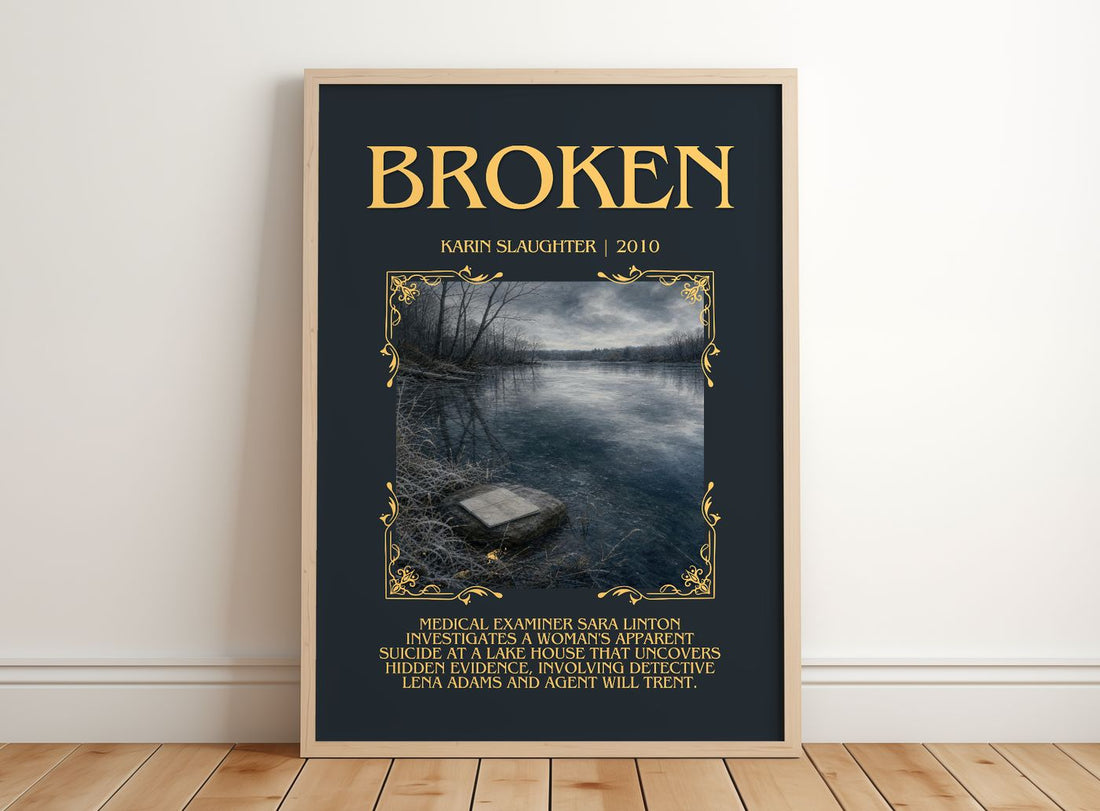 Broken Minimalist Book Poster by Karin Slaughter – framed print leaning on a wooden floor