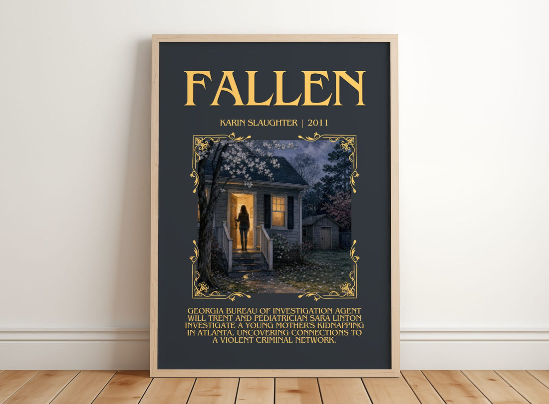 Fallen Minimalist Book Poster by Karin Slaughter – framed print leaning on a wooden floor