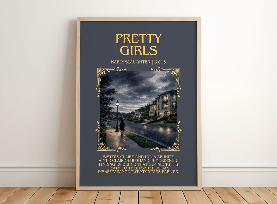 Pretty Girls Minimalist Book Poster by Karin Slaughter – framed print leaning on a wooden floor