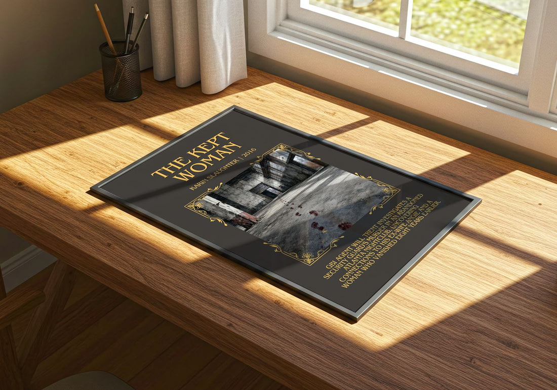 The Kept Woman Minimalist Book Poster by Karin Slaughter – print on a sunlit desk
