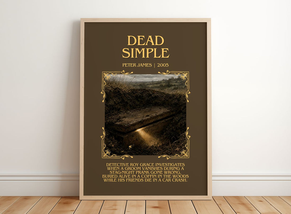 Dead Simple Minimalist Book Poster by Peter James – framed print leaning on a wooden floor