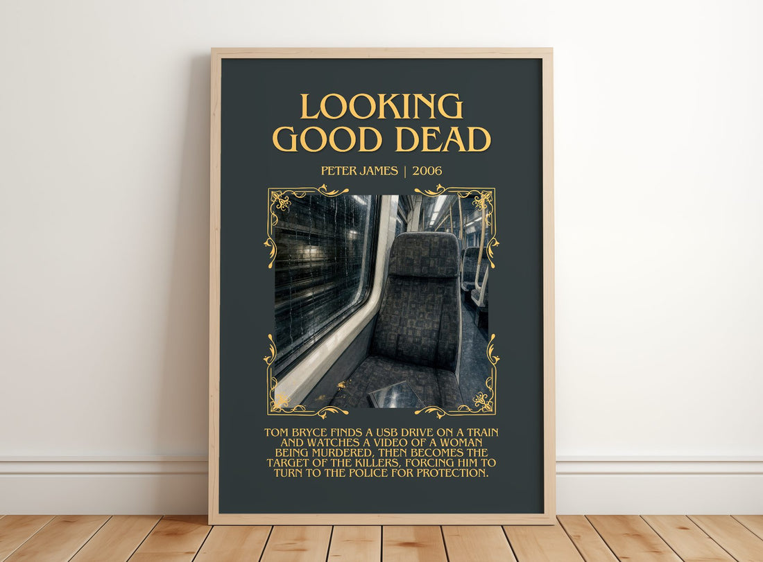 Looking Good Dead Minimalist Book Poster by Peter James – framed print leaning on a wooden floor