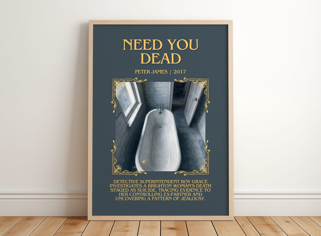 Need You Dead Minimalist Book Poster by Peter James – framed print leaning on a wooden floor
