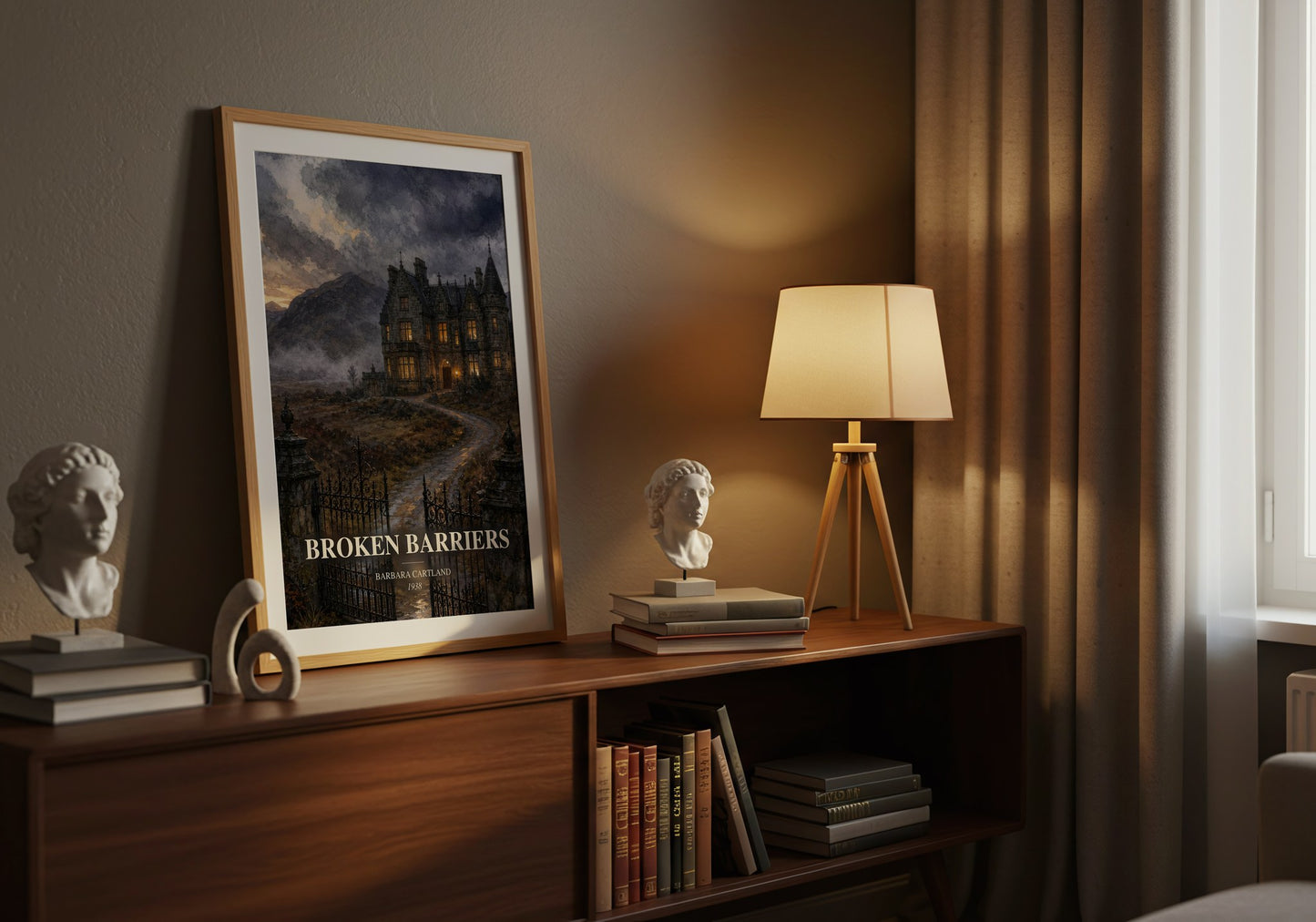 Broken Barriers watercolour print on bookshelf – Barbara Cartland fan gift