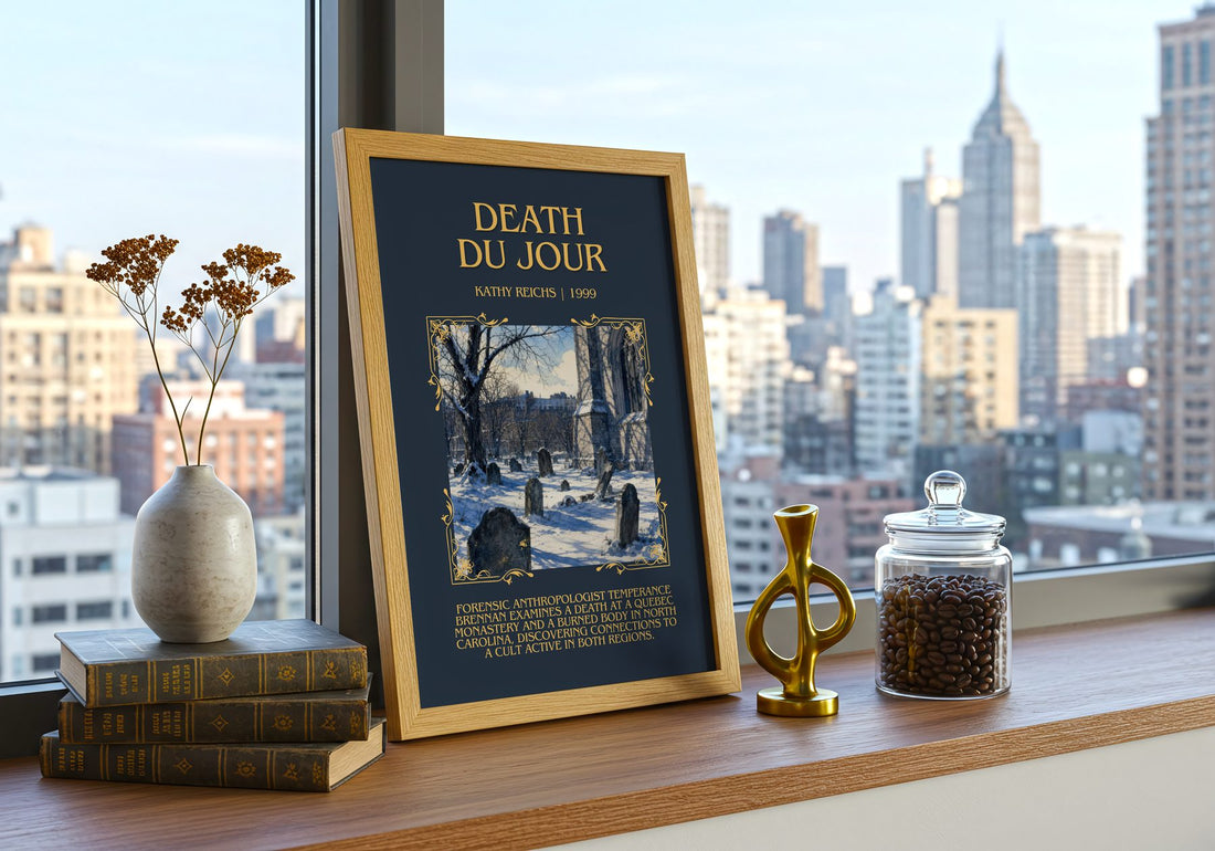 Death du Jour Minimalist Book Poster by Kathy Reichs – framed print on a city-view windowsill