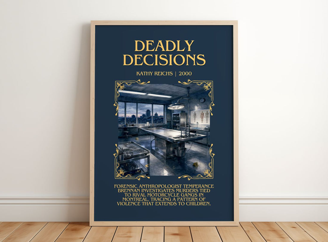 Deadly Décisions Minimalist Book Poster by Kathy Reichs – framed print leaning on a wooden floor