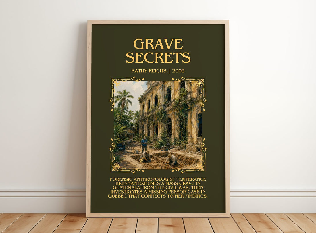 Grave Secrets Minimalist Book Poster by Kathy Reichs – framed print leaning on a wooden floor