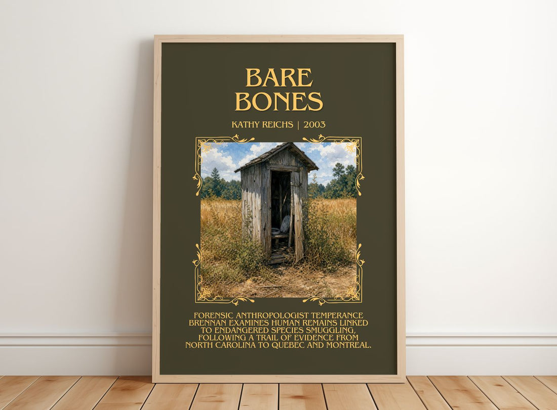 Bare Bones Minimalist Book Poster by Kathy Reichs – framed print leaning on a wooden floor