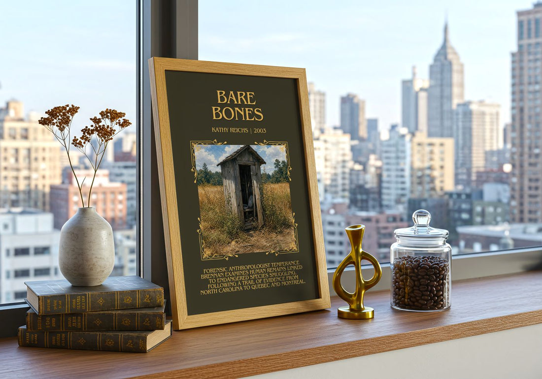 Bare Bones Minimalist Book Poster by Kathy Reichs – framed print on a city-view windowsill