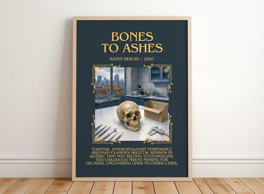 Bones to Ashes Minimalist Book Poster by Kathy Reichs – framed print leaning on a wooden floor