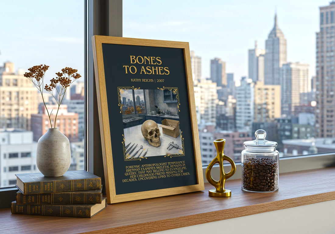 Bones to Ashes Minimalist Book Poster by Kathy Reichs – framed print on a city-view windowsill