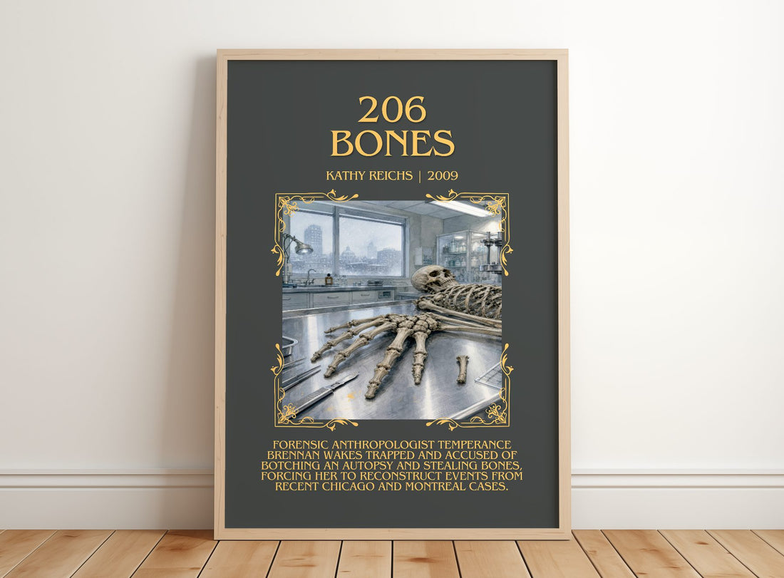 206 Bones Minimalist Book Poster by Kathy Reichs – framed print leaning on a wooden floor
