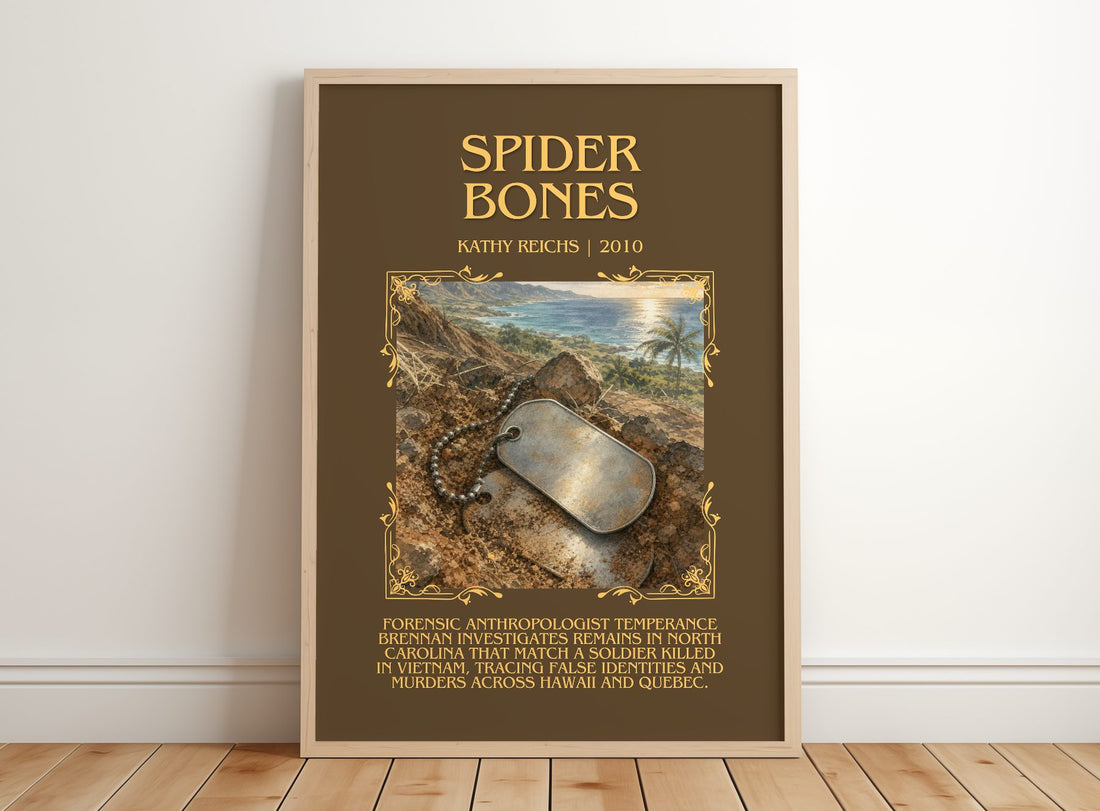 Spider Bones Minimalist Book Poster by Kathy Reichs – framed print leaning on a wooden floor