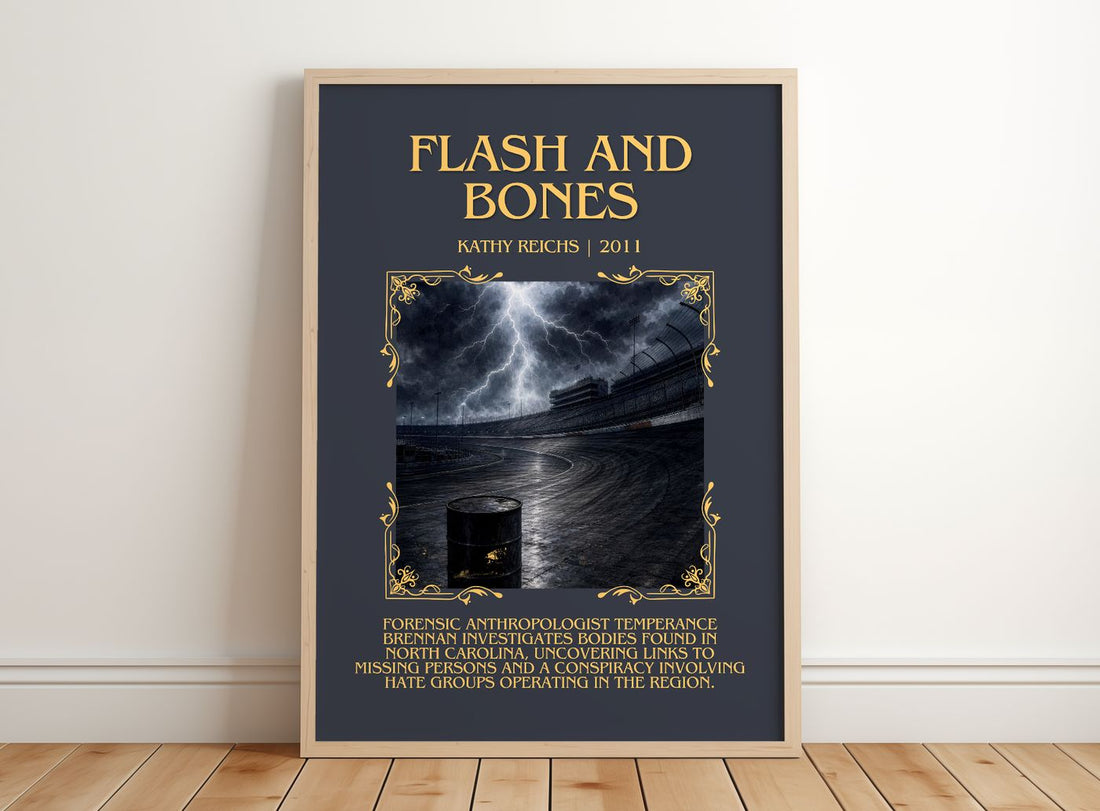Flash and Bones Minimalist Book Poster by Kathy Reichs – framed print leaning on a wooden floor