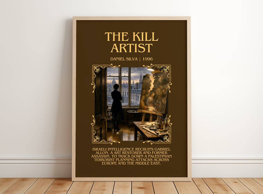 The Kill Artist Minimalist Book Poster by Daniel Silva – framed print leaning on a wooden floor