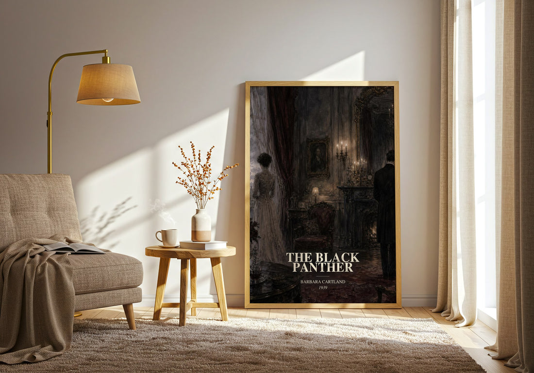 The Black Panther watercolour print in frame leaning in hallway – romance wall art