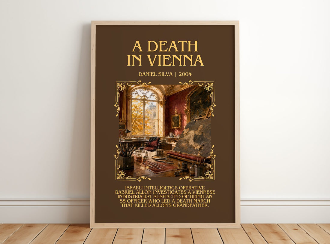 A Death in Vienna Minimalist Book Poster by Daniel Silva – framed print leaning on a wooden floor