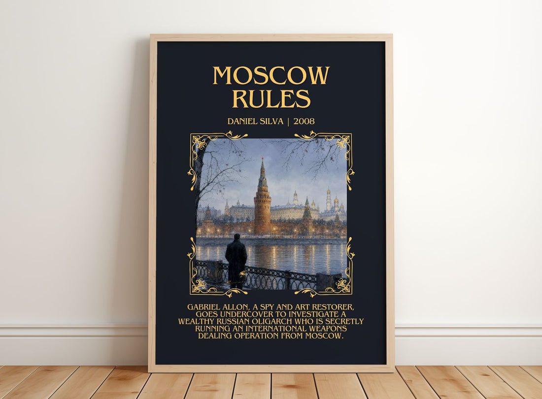 Moscow Rules Minimalist Book Poster by Daniel Silva – framed print leaning on a wooden floor