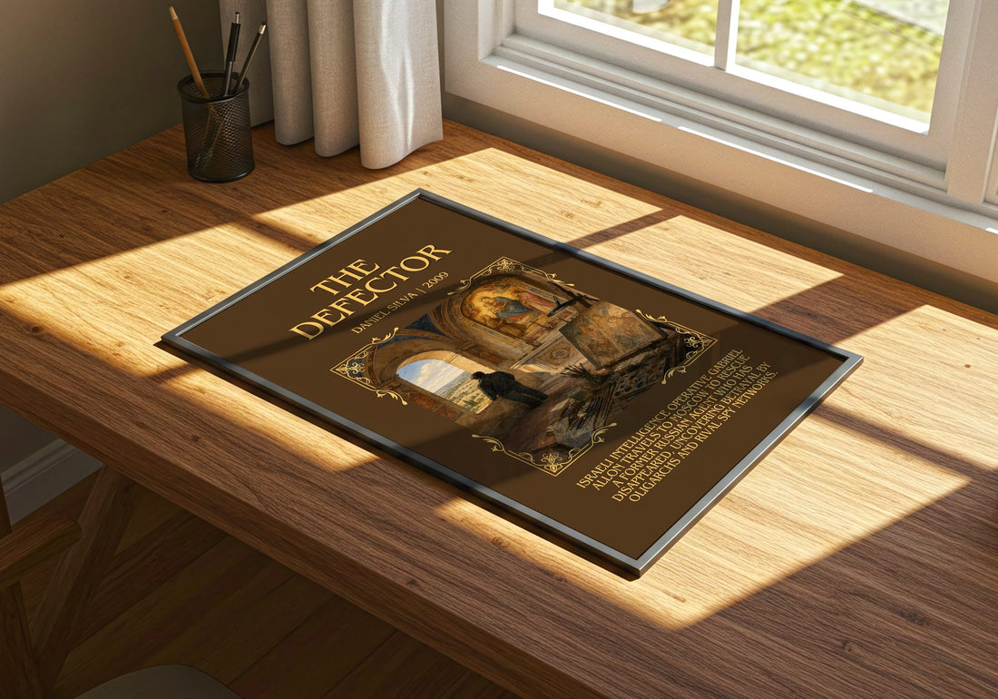 The Defector Minimalist Book Poster by Daniel Silva – print on a sunlit desk