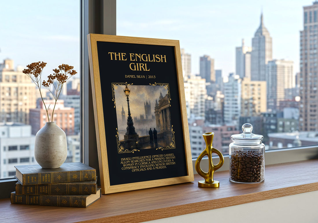 The English Girl Minimalist Book Poster by Daniel Silva – framed print on a city-view windowsill