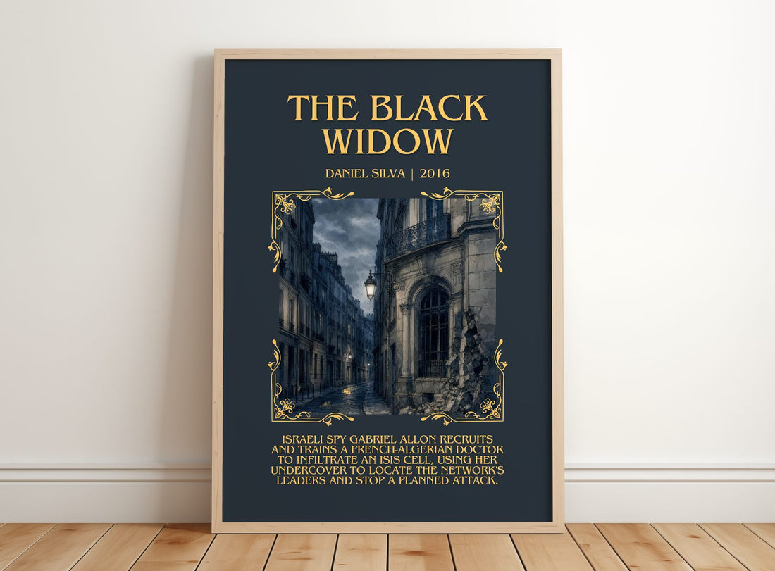 The Black Widow Minimalist Book Poster by Daniel Silva – framed print leaning on a wooden floor