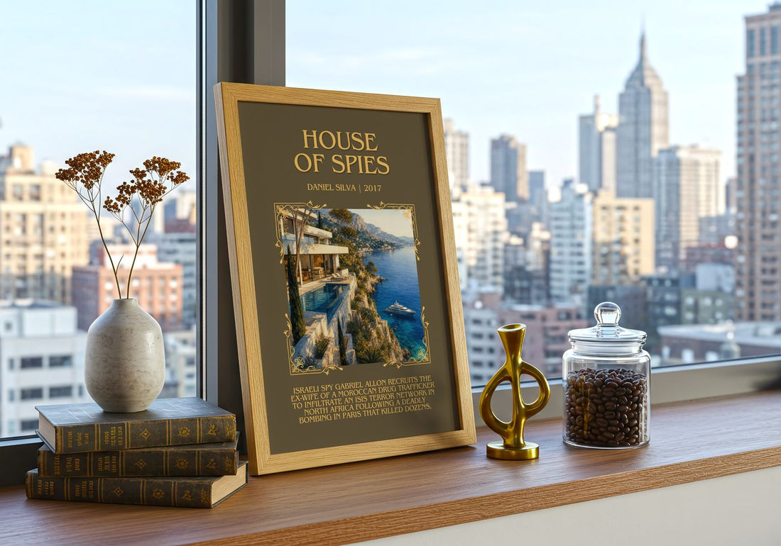 House of Spies Minimalist Book Poster by Daniel Silva – framed print on a city-view windowsill