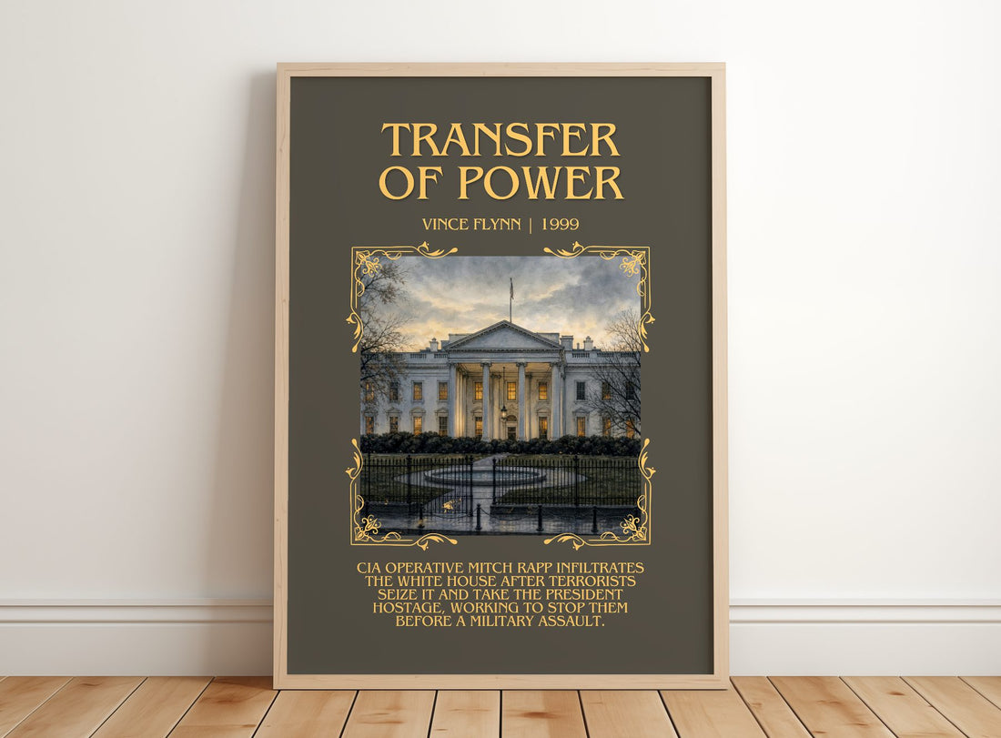 Transfer of Power Minimalist Book Poster by Vince Flynn – framed print leaning on a wooden floor